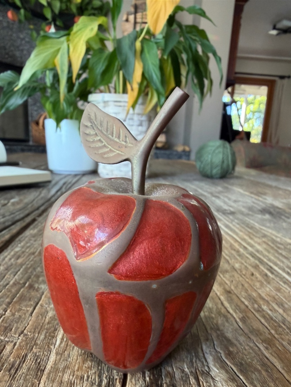 Vintage Cloisonne Champleve Red Enamel and Brass Apple Paperweight Figurine MCM